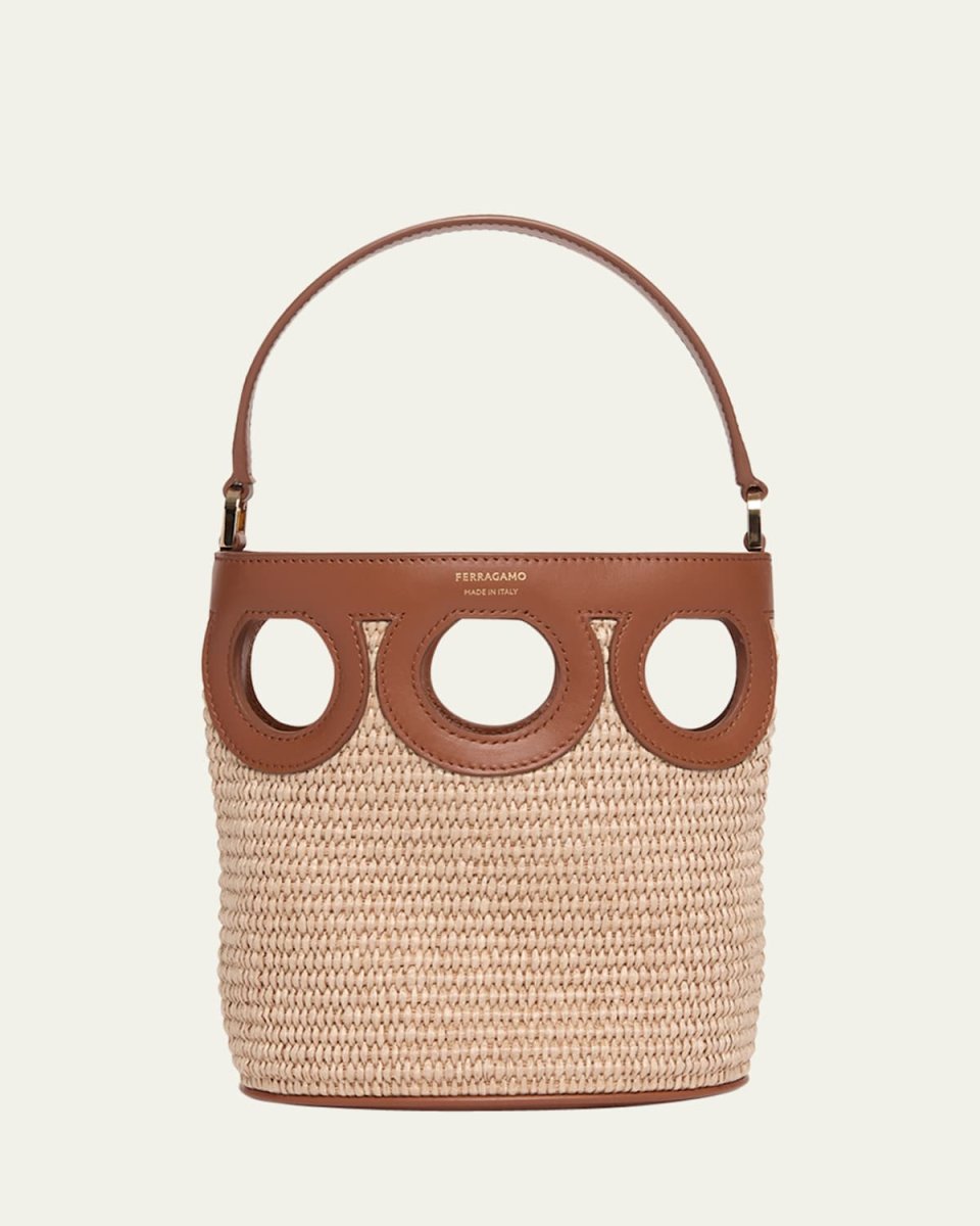 Gancini Frame Raffia Bucket Bag